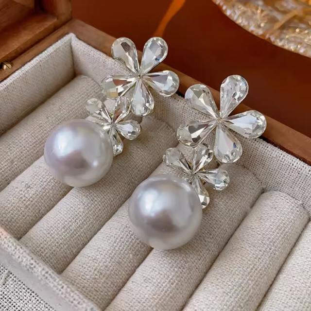 Luxury crystal flower pearl drop dangle earrings