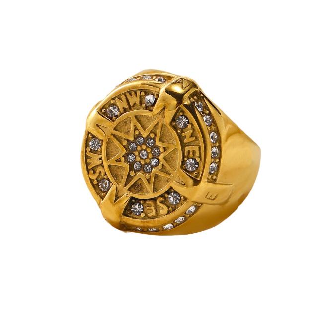 Hiphop compass pattern stainless steel singet rings for men