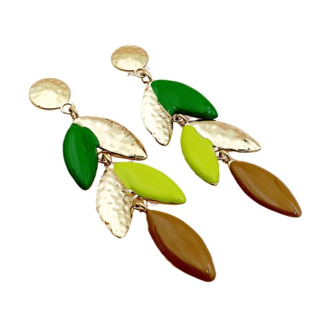 Boho colo enamel leaf design dangle stainless steel earrings