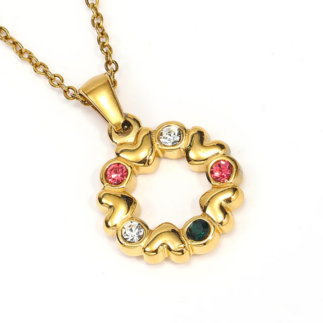 Korean fashion colorful cubiz zircon heart circle pendant stainless steel necklace
