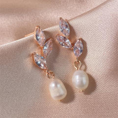Chic horse eye shape cubic zircon pearl drop wedding bridal earrings