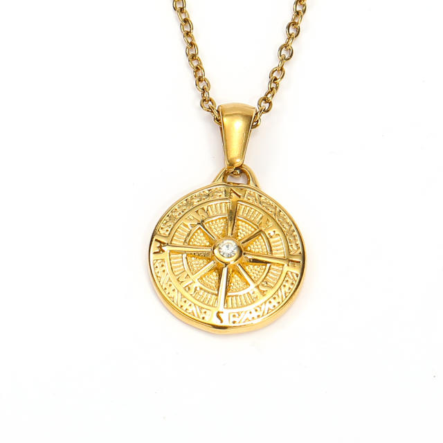 INS gold plated compass pendant stainless steel necklace