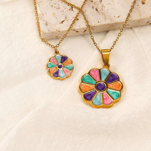 Color enamel sunflower pendant stainless steel necklace couple necklace