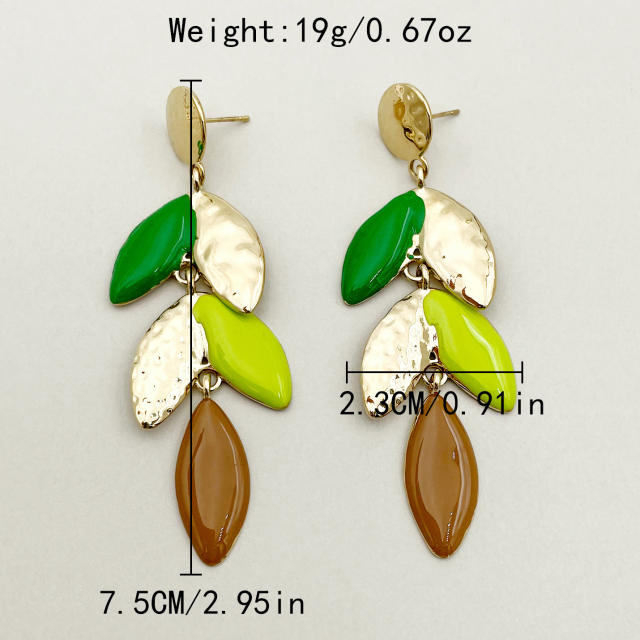 Boho colo enamel leaf design dangle stainless steel earrings