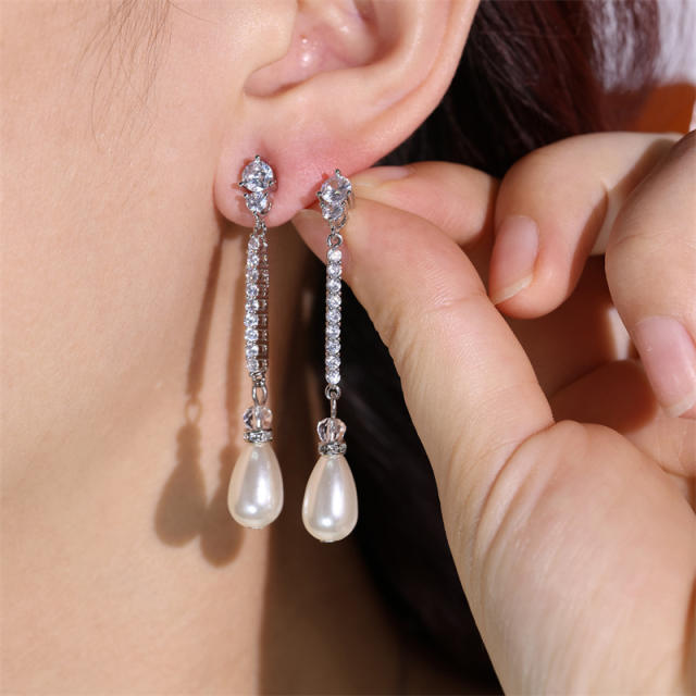 Korean fashion elegant drop pearl diamond dangle earrings wedding earrings