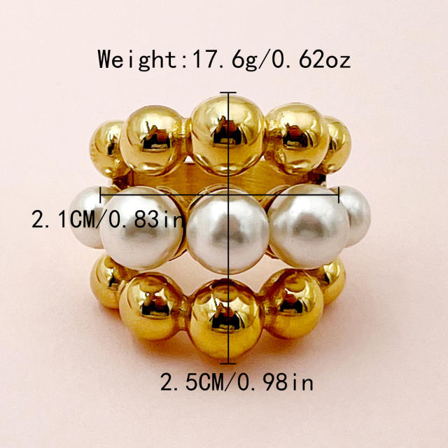 Personality water pearl bead chunky stainless steel finger rings
