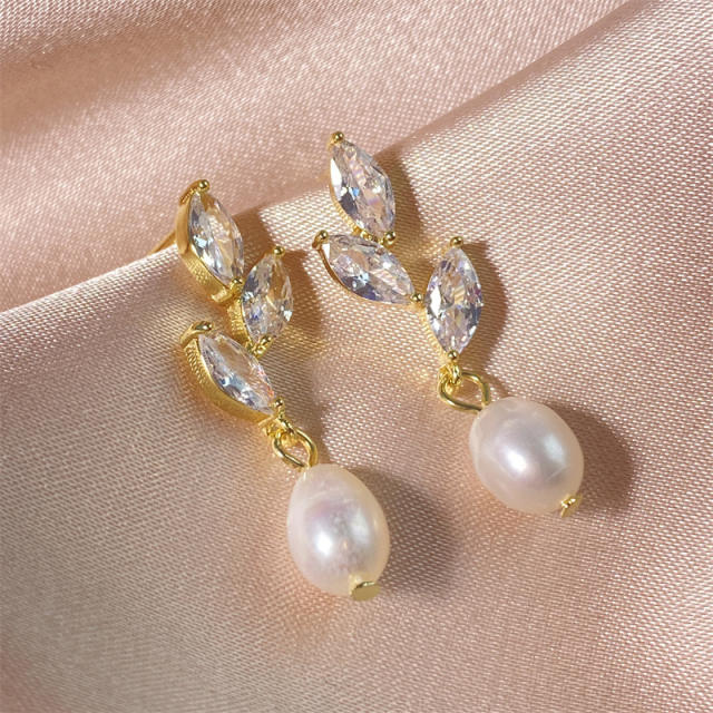 Chic horse eye shape cubic zircon pearl drop wedding bridal earrings