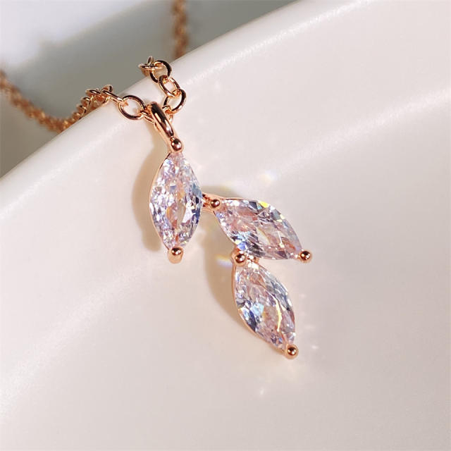 Delicate dainty horse eye shape cubic zircon leaf necklace