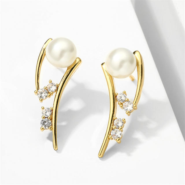 Delicate pearl bead diamond gold plated copper studs earrings