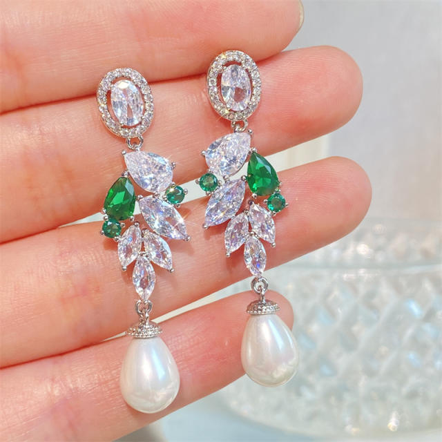 Delicate cubic zircon water pearl drop party prom diamond earrings
