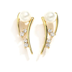 Delicate pearl bead diamond gold plated copper studs earrings