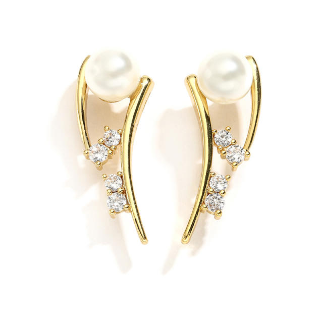 Delicate pearl bead diamond gold plated copper studs earrings