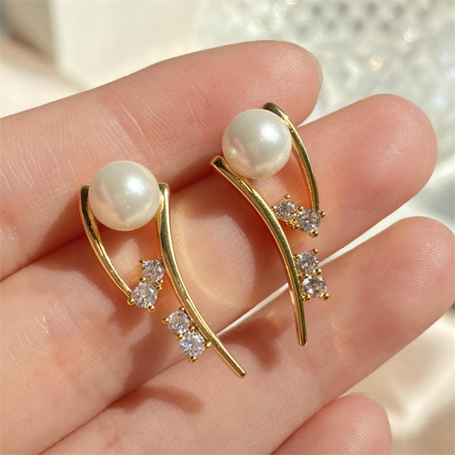 Delicate pearl bead diamond gold plated copper studs earrings