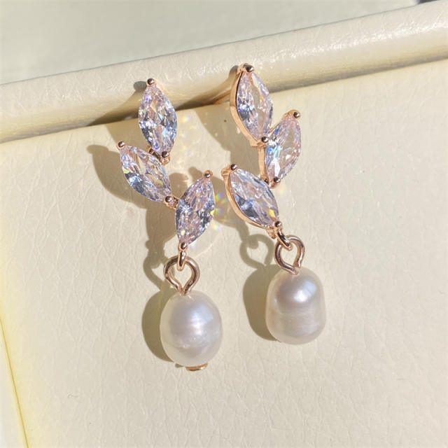 Chic horse eye shape cubic zircon pearl drop wedding bridal earrings