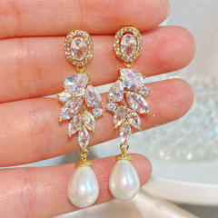Delicate cubic zircon water pearl drop party prom diamond earrings