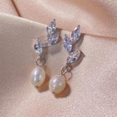 Chic horse eye shape cubic zircon pearl drop wedding bridal earrings