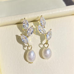 Chic horse eye shape cubic zircon pearl drop wedding bridal earrings