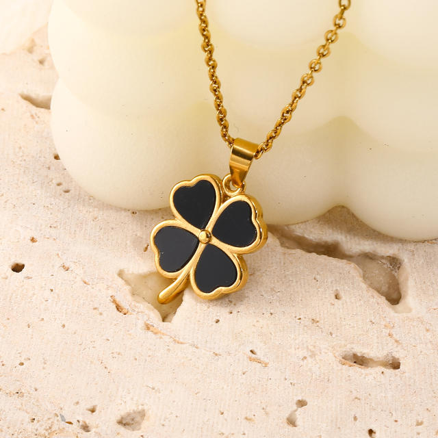 Classic black white clover pendant stainless steel dainty necklace
