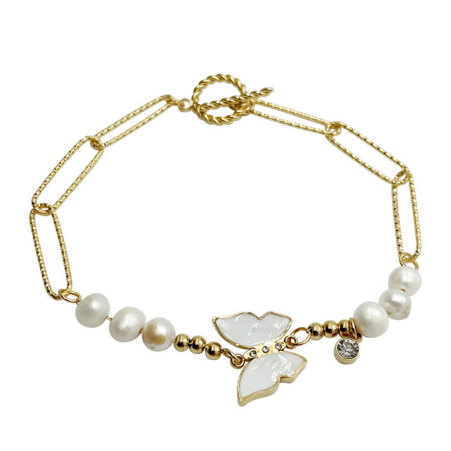 Water pearl white butterfly boho women stainless steel bracelet