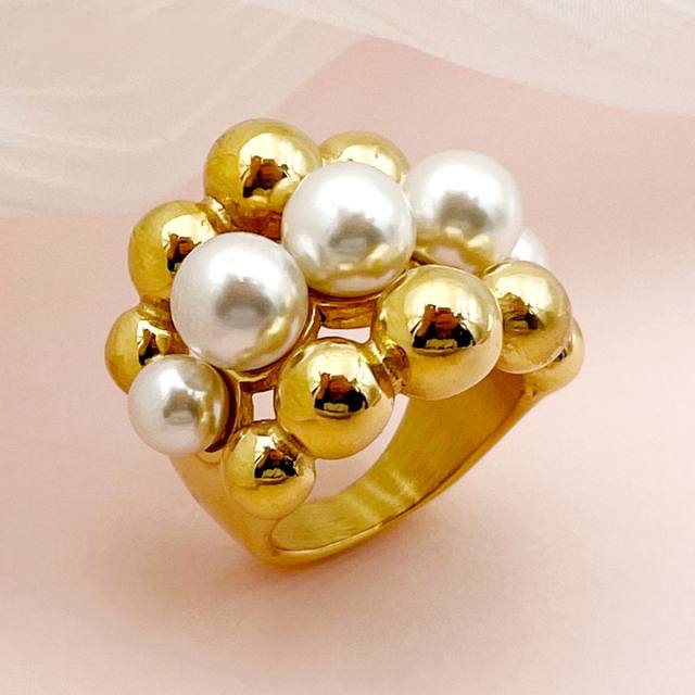 Personality water pearl bead chunky stainless steel finger rings