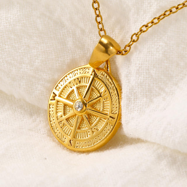 INS gold plated compass pendant stainless steel necklace