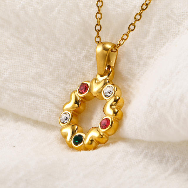 Korean fashion colorful cubiz zircon heart circle pendant stainless steel necklace