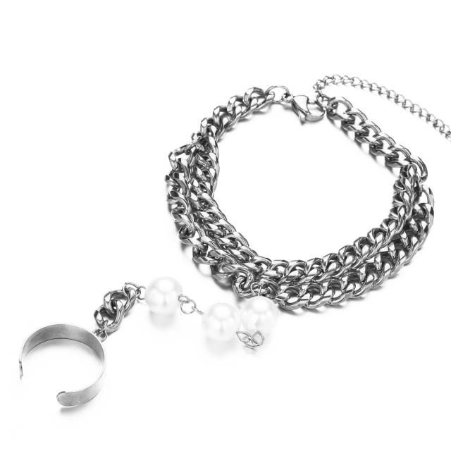 Hiphop imitation pearl stainless steel chain ring bracelet