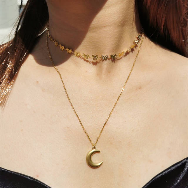 Delicate two layer moon pendant stainless steel necklace
