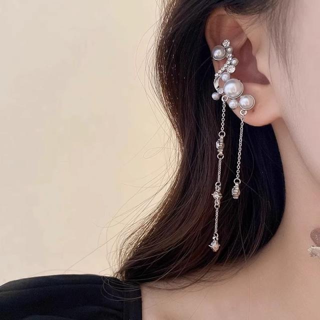 Delicate imitation pearl bead diamond tassel ear cuff earrings