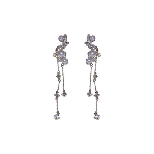 Delicate imitation pearl bead diamond tassel ear cuff earrings