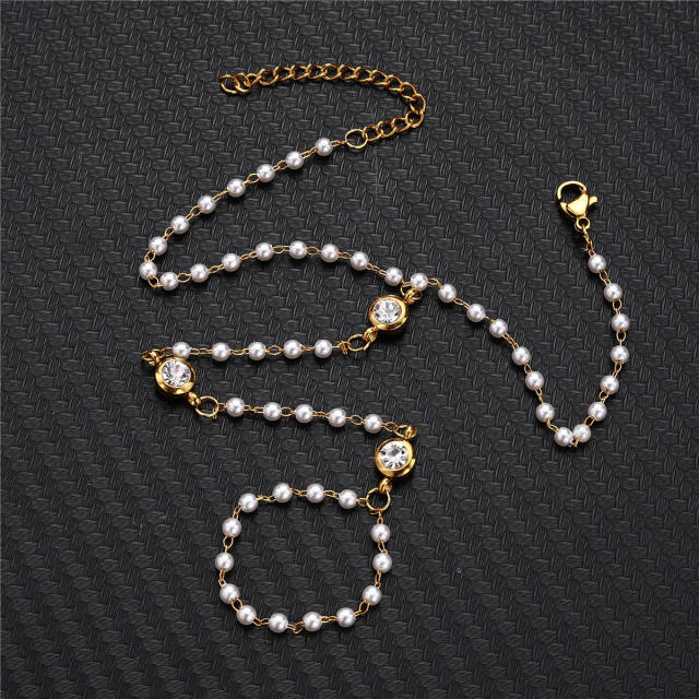 Delicate crystal bead pearl bead stainless steel ring bracelet