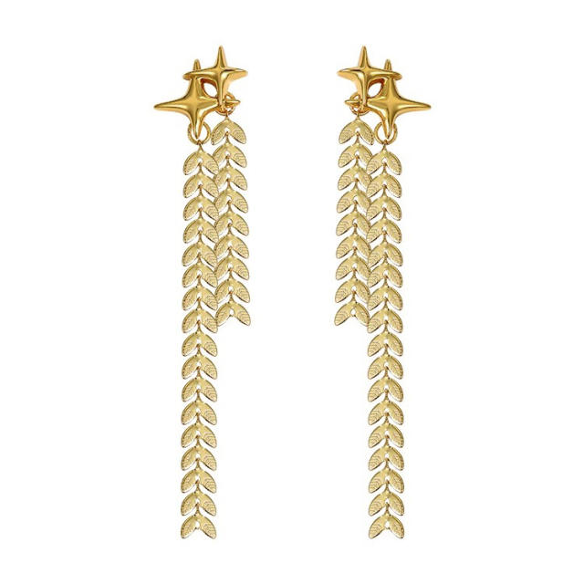 Gold color star wheat design tassel long earrings for women