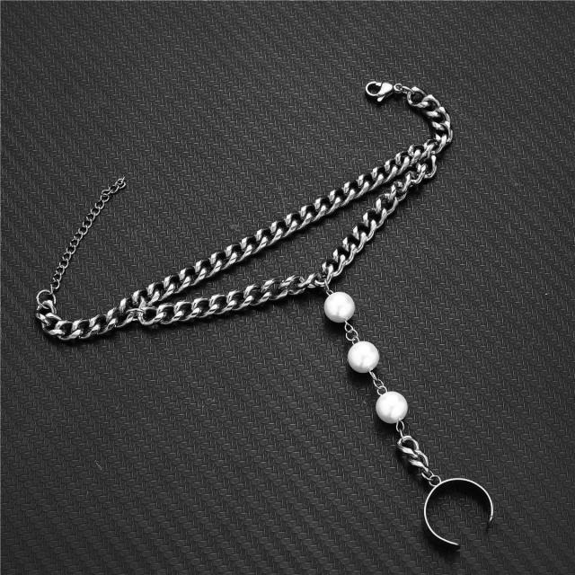 Hiphop imitation pearl stainless steel chain ring bracelet
