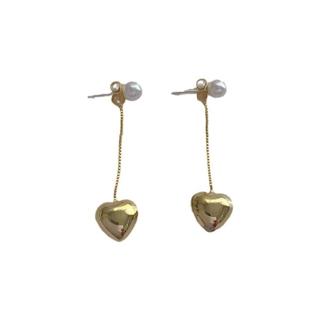 925 needle real gold plated heart pearl bead dangle earrings jacket earrings