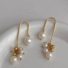 Personality pearl bead U shape gold plated copper earrings