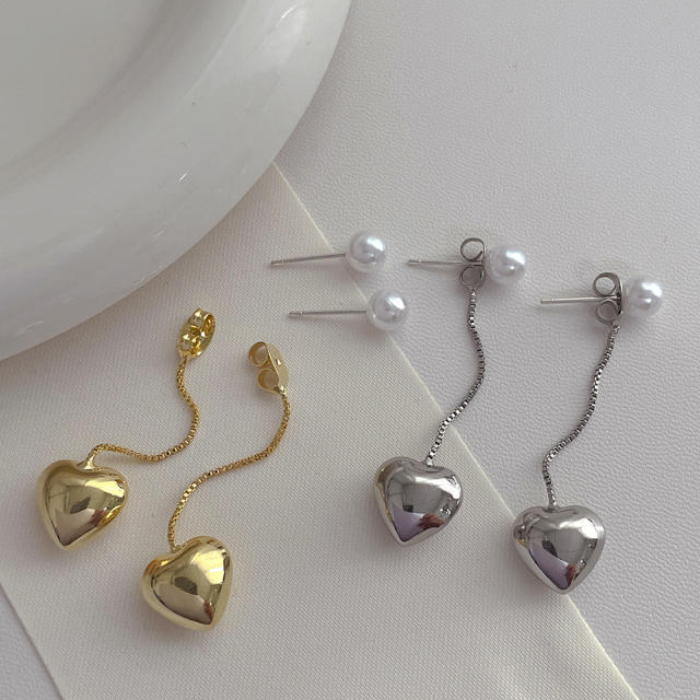 925 needle real gold plated heart pearl bead dangle earrings jacket earrings