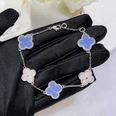 Classic pink light blue color clover diamond necklace bracelet studs earring set