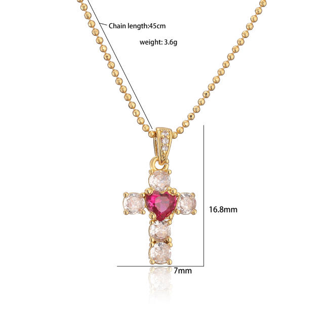 Delicate red heart diamond cross copper necklace huggie earrings set