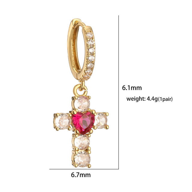 Delicate red heart diamond cross copper necklace huggie earrings set