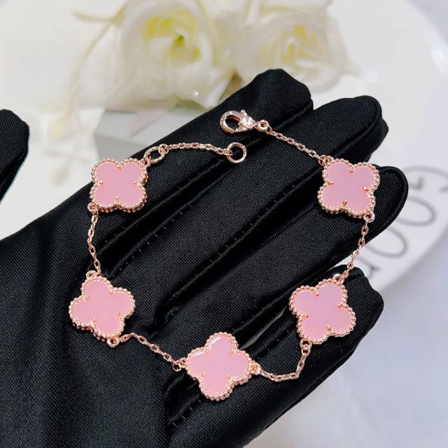 Classic pink light blue color clover diamond necklace bracelet studs earring set