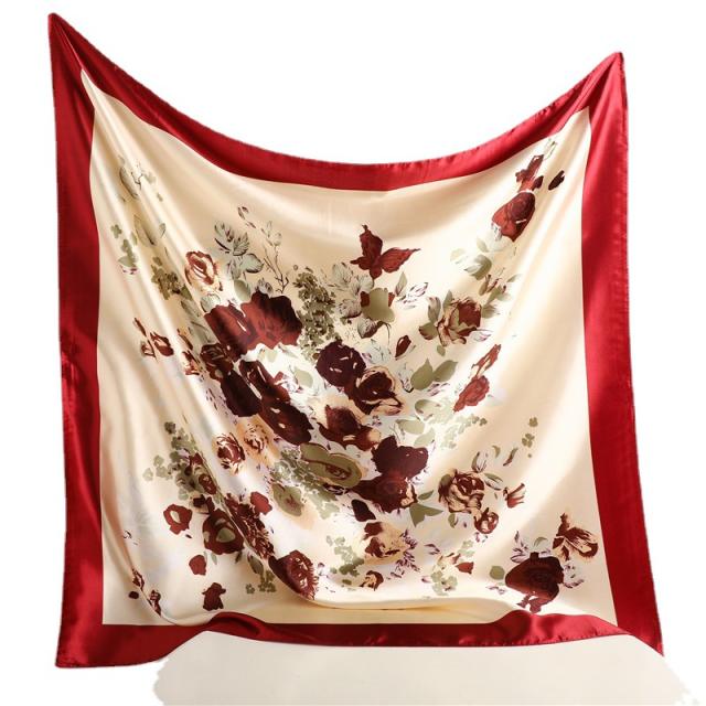 90CM Flower printing satin women square scarf headscarf