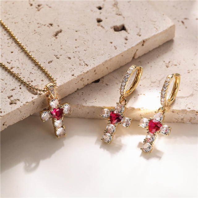 Delicate red heart diamond cross copper necklace huggie earrings set