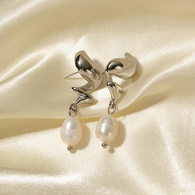 Silver color pearl drop stainless steel dangle earrings