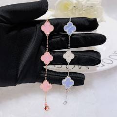Classic pink light blue color clover diamond necklace bracelet studs earring set