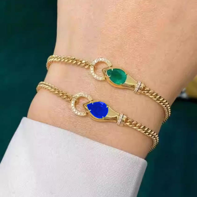 Vintage emerald sapphie blue cubic zircon chain bracelet for women