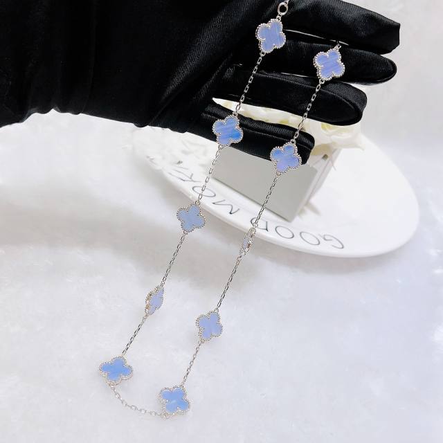 Classic pink light blue color clover diamond necklace bracelet studs earring set