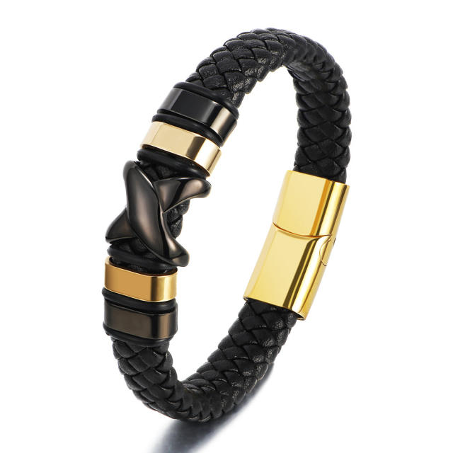 Personality X letter stainless steel PU leather men bracelet