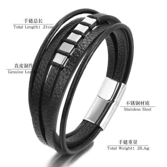 Hot sale color mixing block PU leather layer men bracelet