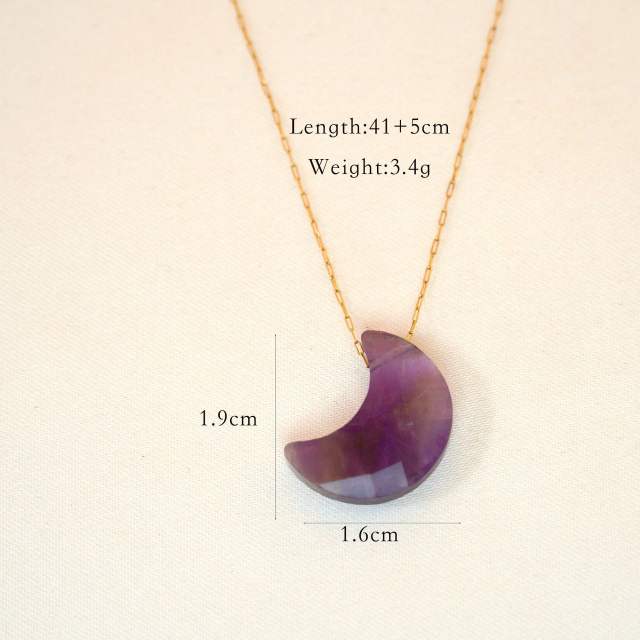14KG boho amethyst cystal moon pendant stainless steel necklace set