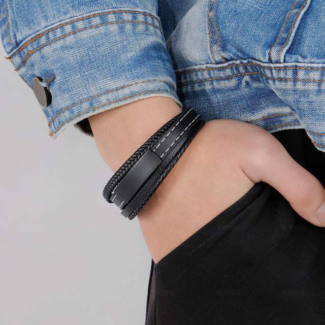 Multi layer pu leather stainless steel plate bracelet for men